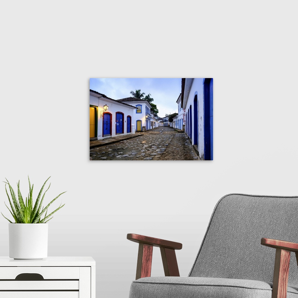 A modern room featuring Portuguese colonial vernacular architecture in the centre of Paraty (Parati) town on Brazil's Gre...
