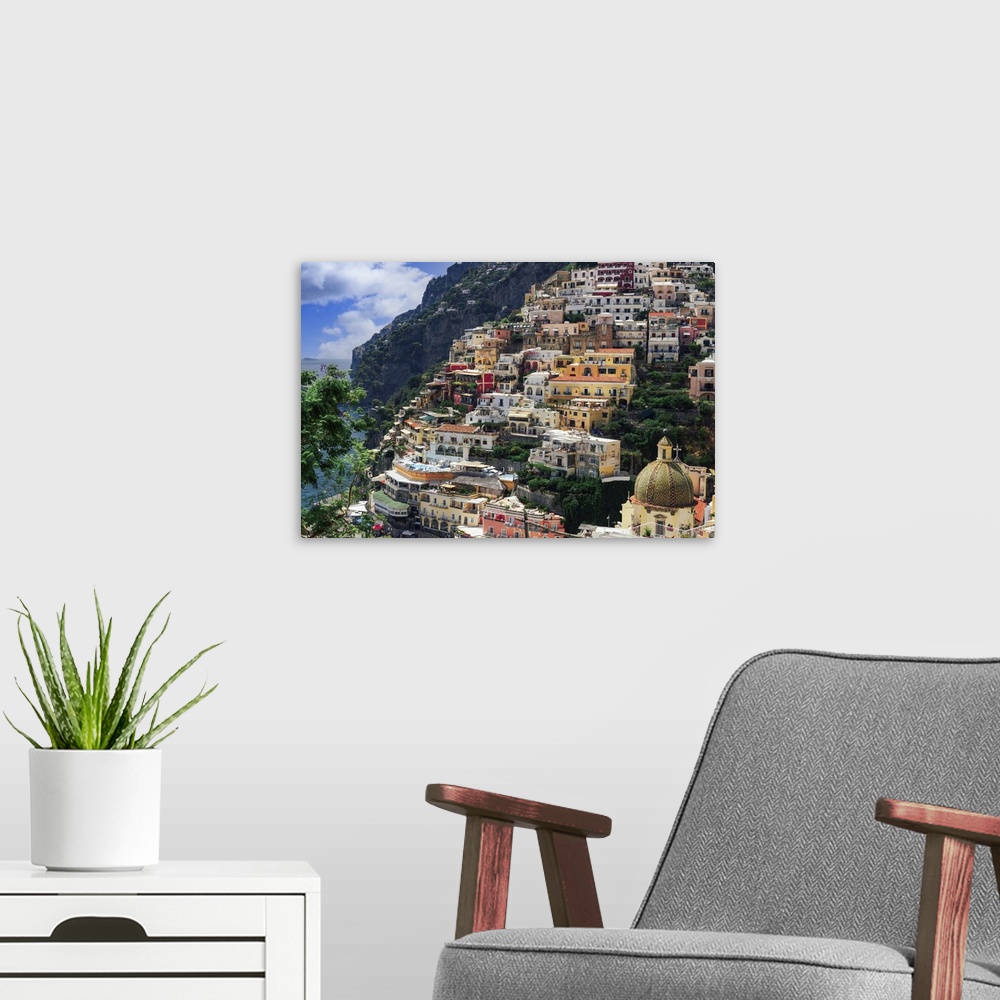A modern room featuring Positano town hill view with low rise colorful buildings above the sea line, Positano, Amalfi Coa...