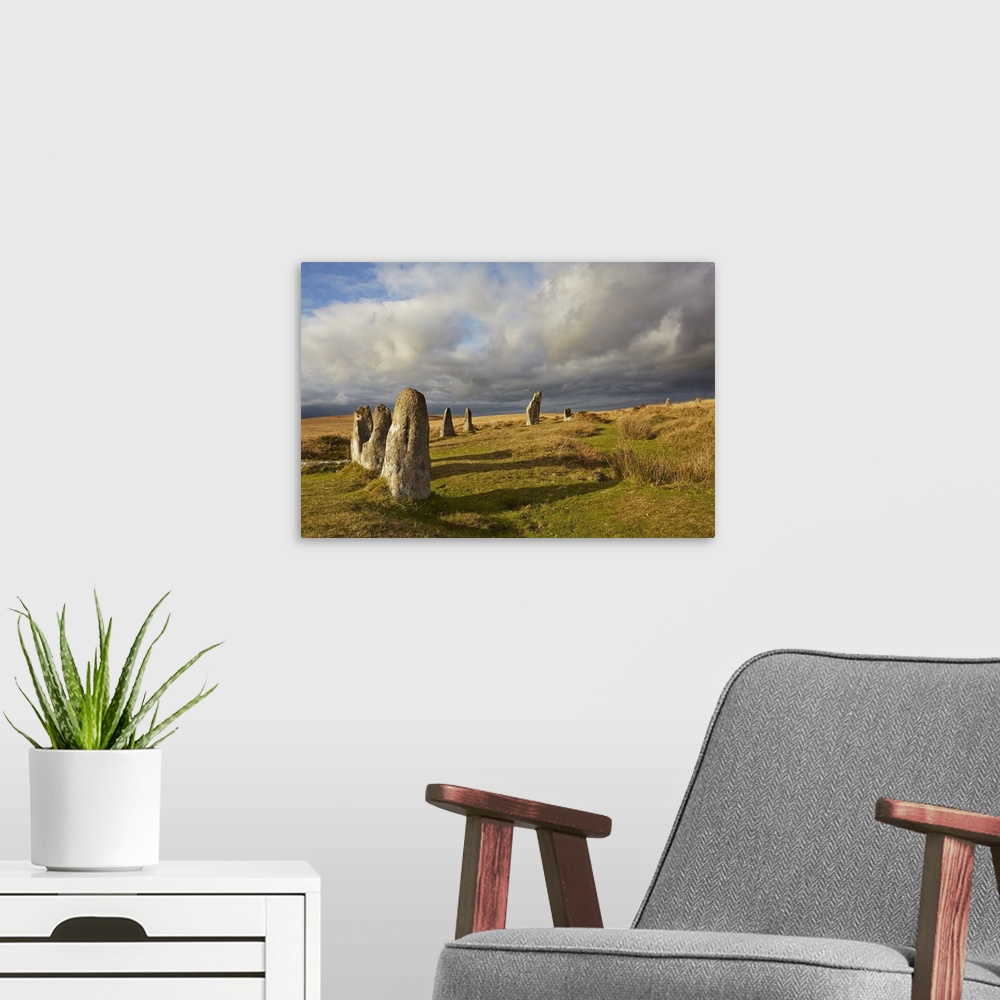 A modern room featuring Ancient prehistoric standing stones in a stone circle, Scorhill Stone Circle, Dartmoor National P...