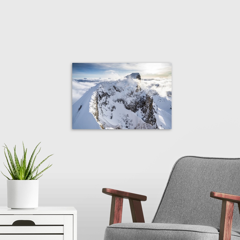 A modern room featuring Aerial view of Punta Penia and west ridge of Marmolada covered with snow, Dolomites, Trentino-Alt...