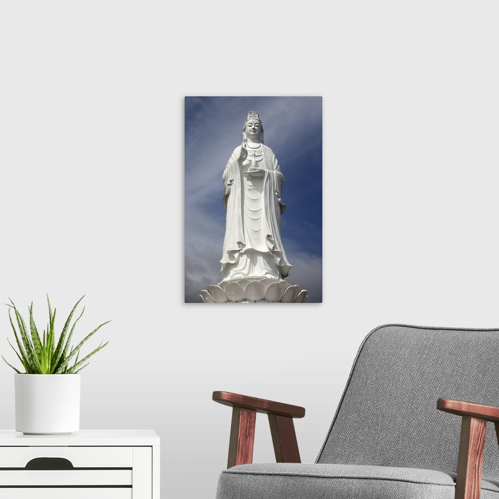 A modern room featuring Giant statue 67m tall of Quan Am, Bodhisattva of Compassion (Goddess of Mercy), Linh Ung Buddhist...