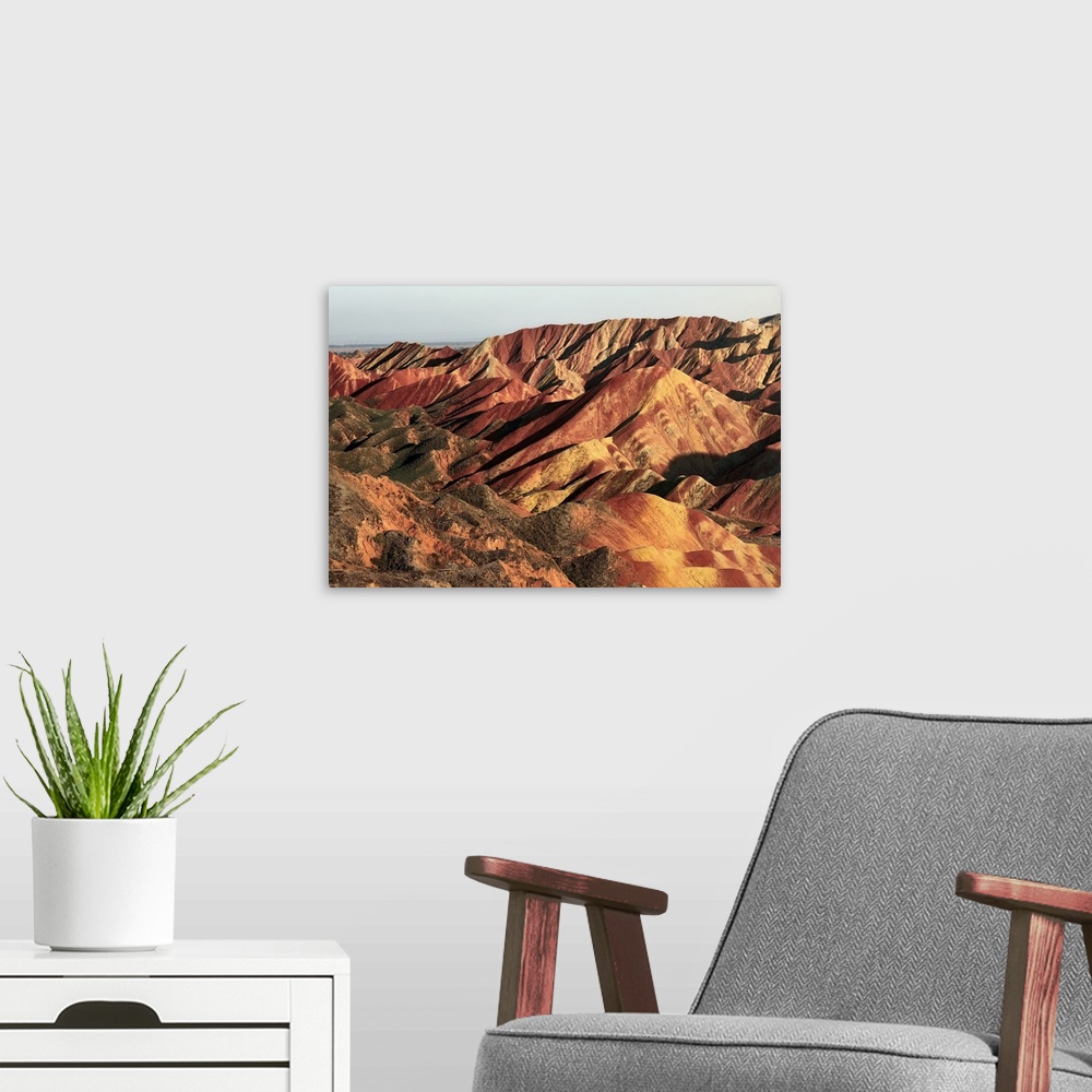 A modern room featuring Rainbow mountains of Danxia at sunset, Gansu, China, Asia