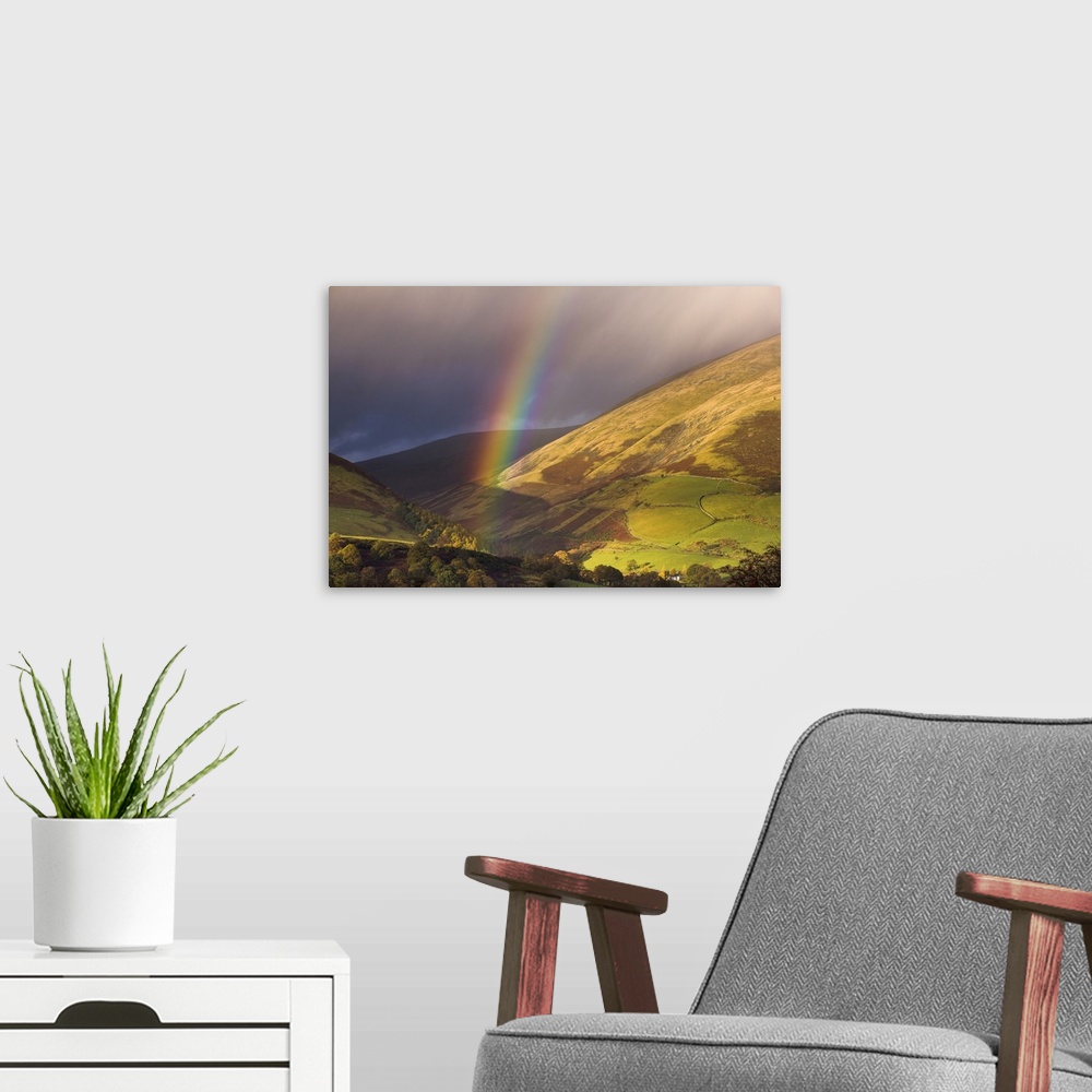 A modern room featuring Rainbow on the foothills of Blencathra on a showery autumn afternoon, Lake District National Park...