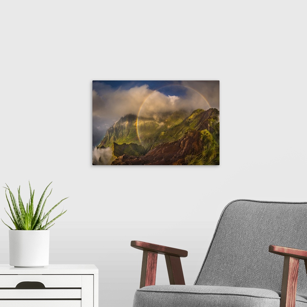 A modern room featuring A 180 degree rainbow formed by the clouds over the Kalalau Valley on Kauai's west coast in the ev...