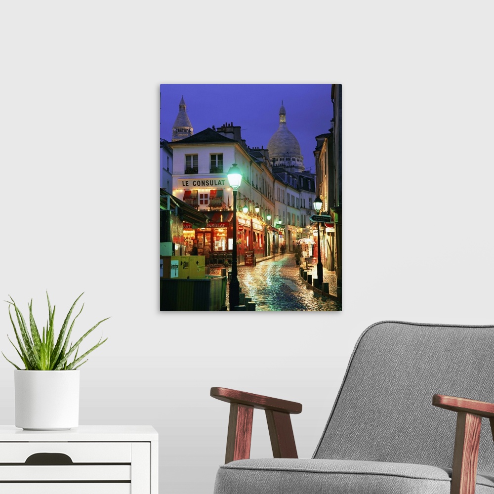 A modern room featuring Rainy street and dome of the Sacre Coeur, Montmartre, Paris, France
