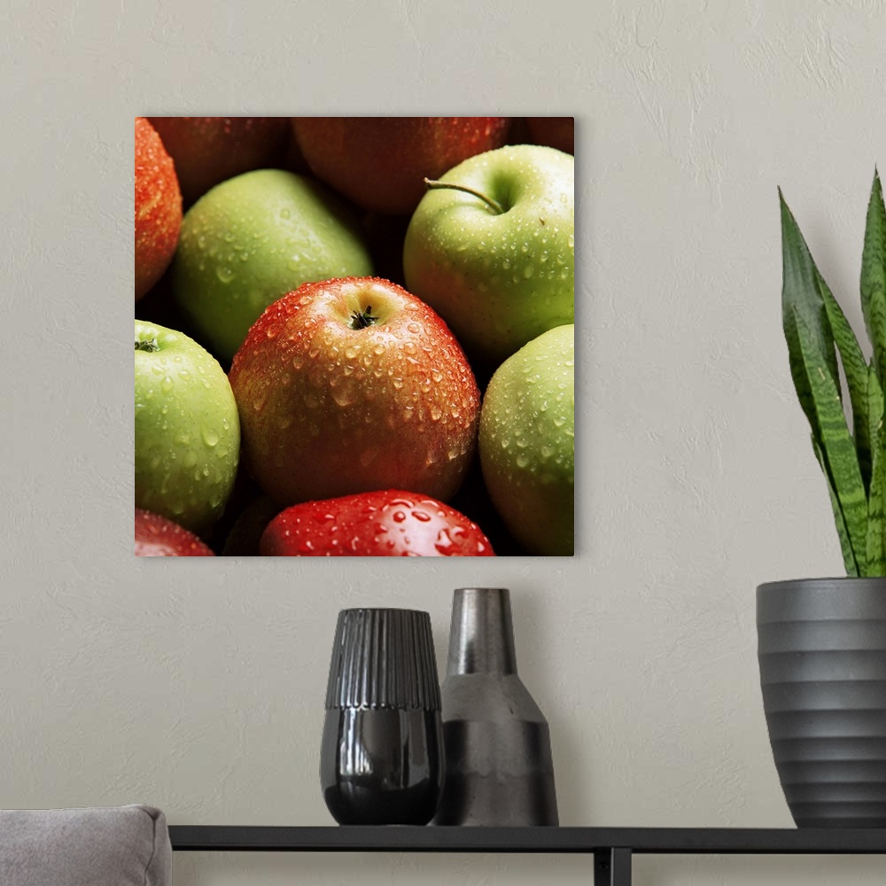 A modern room featuring Red and green apples