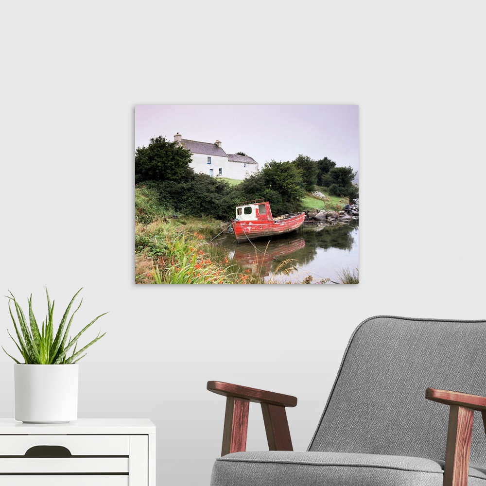 A modern room featuring Red boat and house, Ballycrovane, County Cork, Munster, Republic of Ireland (Eire)