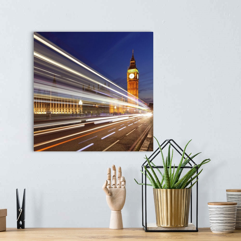 A bohemian room featuring Motion blurred red double decker bus, Houses of Parliament, Big Ben, Westminster Bridge, London, ...