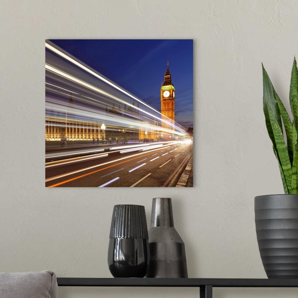 A modern room featuring Motion blurred red double decker bus, Houses of Parliament, Big Ben, Westminster Bridge, London, ...