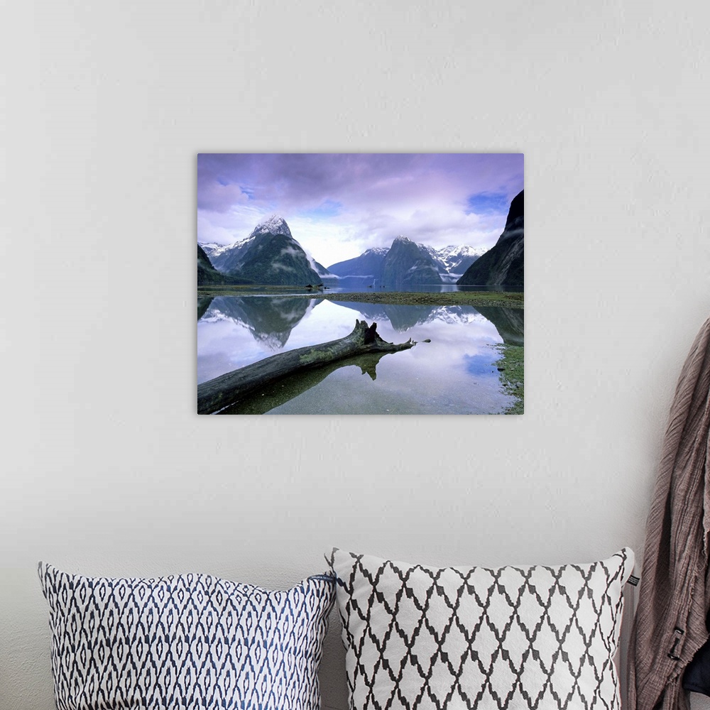 A bohemian room featuring Reflections and view across Milford Sound to Mitre Peak, Fiordland, New Zealand