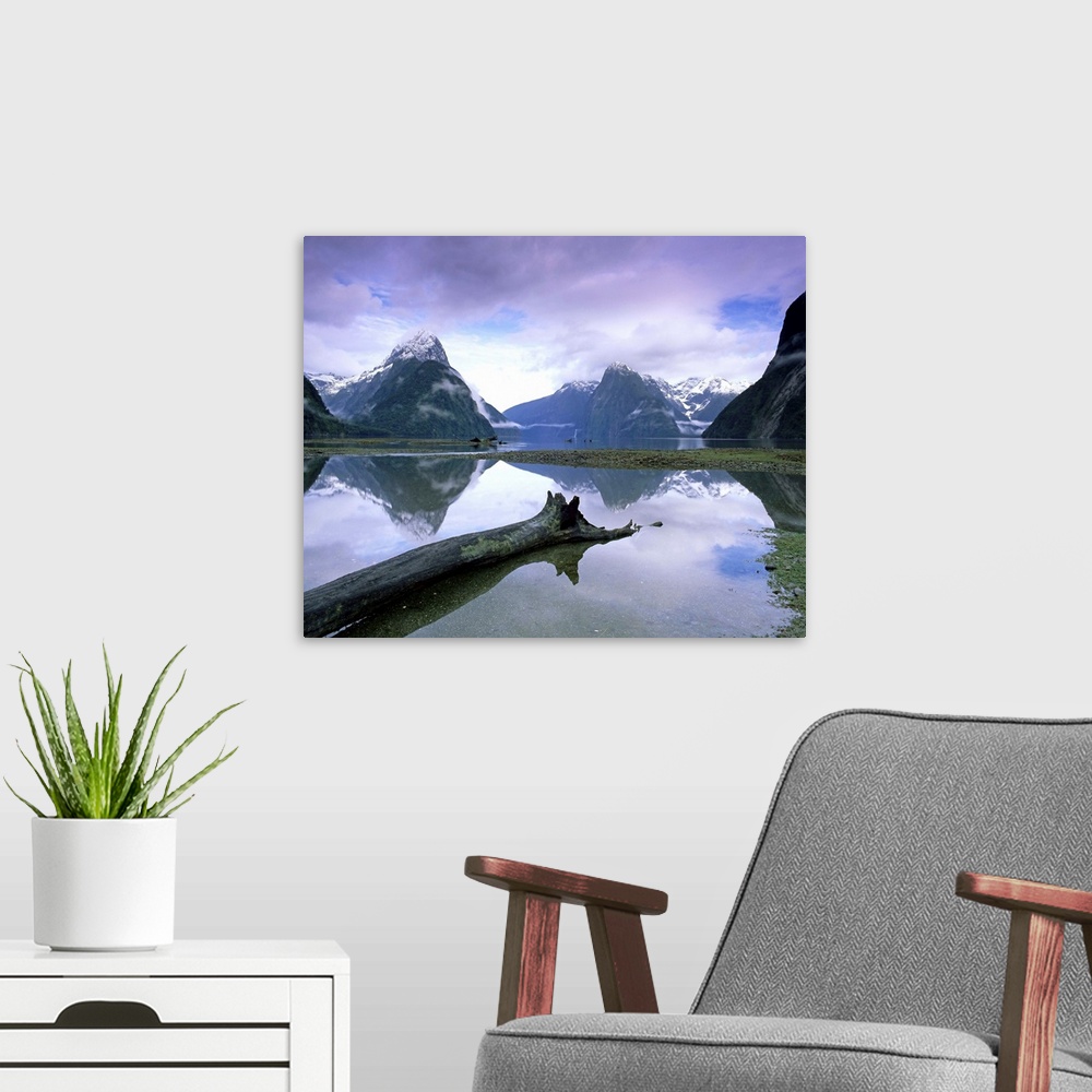 A modern room featuring Reflections and view across Milford Sound to Mitre Peak, Fiordland, New Zealand