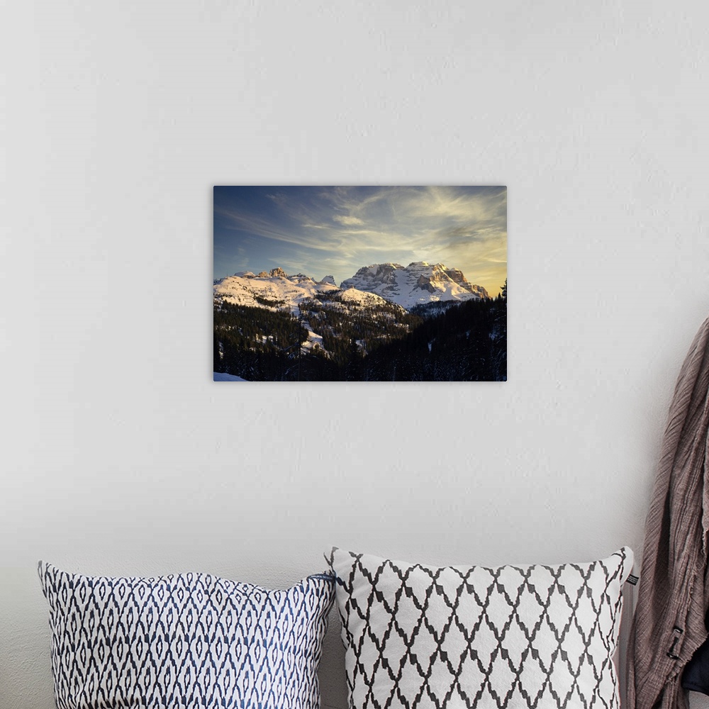 A bohemian room featuring Rendena Valley, Brenta mountain range at sunset in winter, Trentino, Dolomites, Italy, Europe
