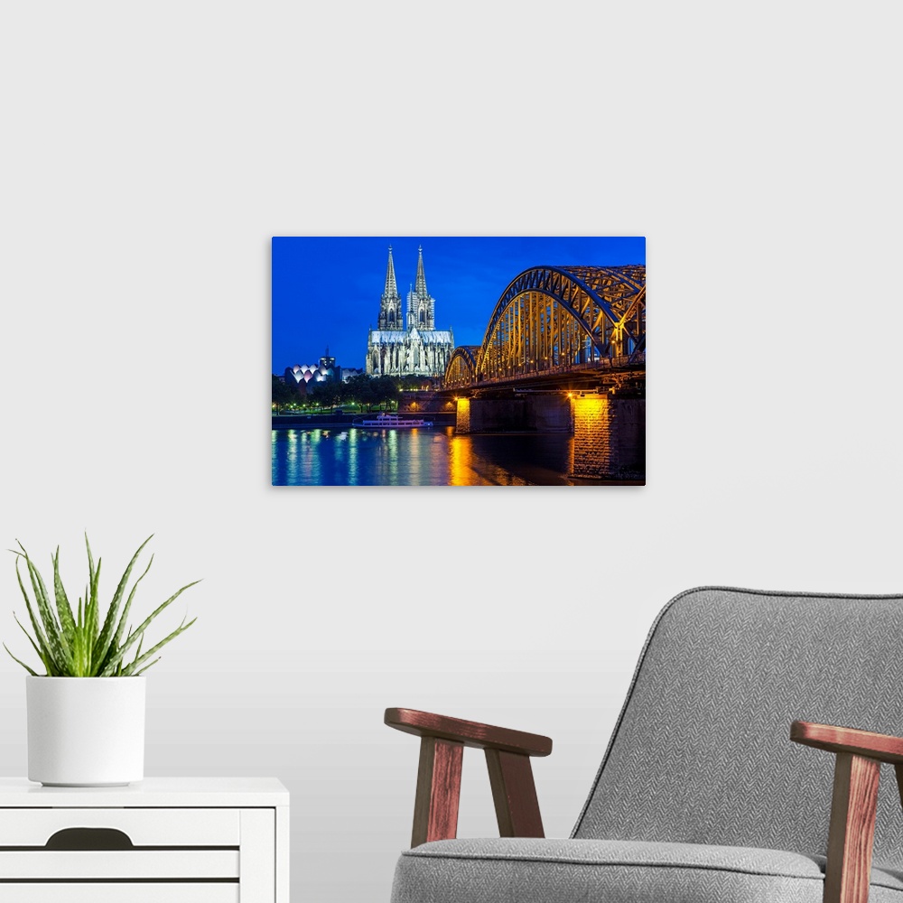 A modern room featuring Rhine bridge and Cathedral of Cologne, North Rhine-Westphalia, Germany