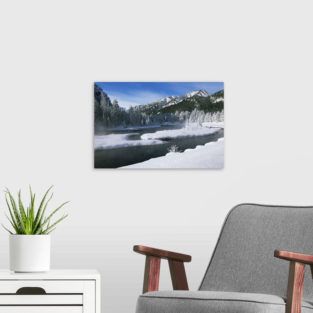A modern room featuring River in winter, Refuge Point, West Yellowstone, Montana