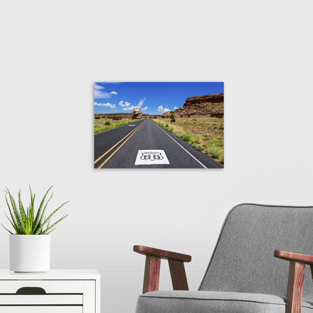 A modern room featuring Road sign along historic Route 66, New Mexico