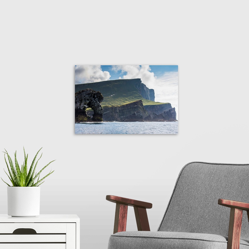 A modern room featuring Rock formation known as Gada's Stack on Foula Island, Shetlands, Scotland, UK