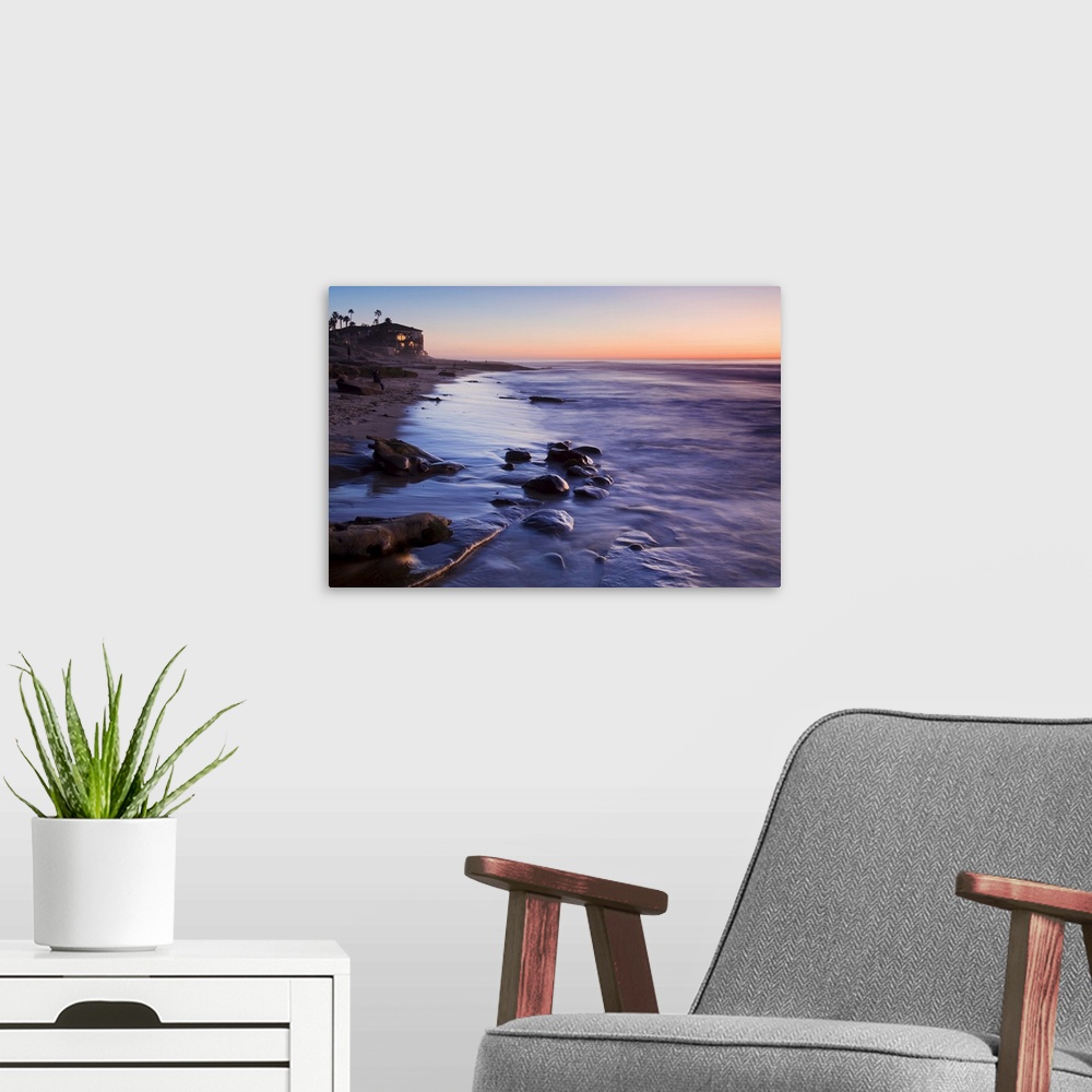 A modern room featuring Rocks and beach at sunset, La Jolla, San Diego County, California