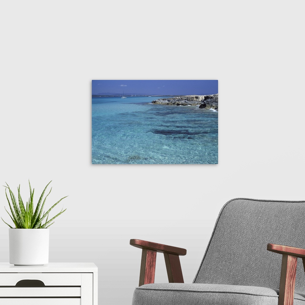 A modern room featuring Rocky coast and sea, Formentera, Balearic Islands, Spain, Mediterranean