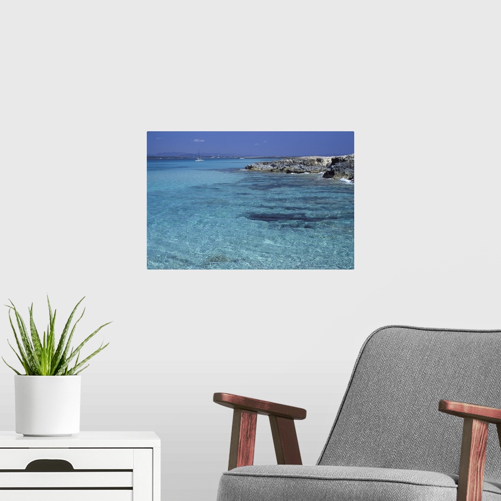 A modern room featuring Rocky coast and sea, Formentera, Balearic Islands, Spain, Mediterranean