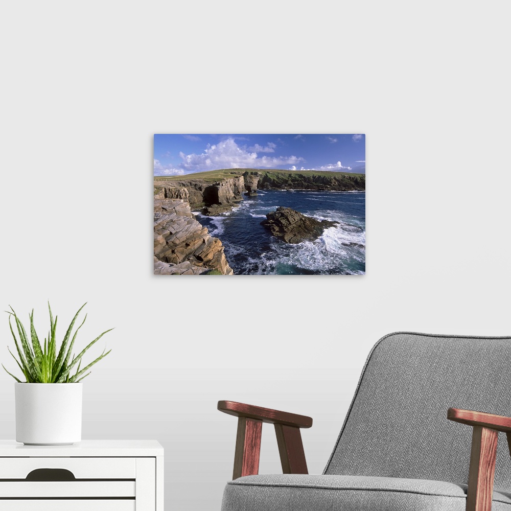 A modern room featuring Rocky coast of Mainland with Yesnaby castle, Mainland, Orkney Islands, Scotland
