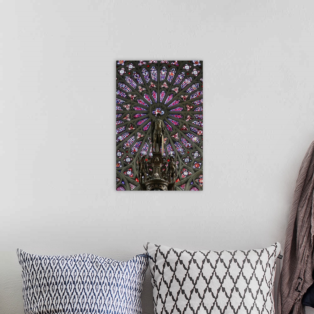 A bohemian room featuring Rose window and statue of St. Maurice, St. Gatien Cathedral, Tours, France