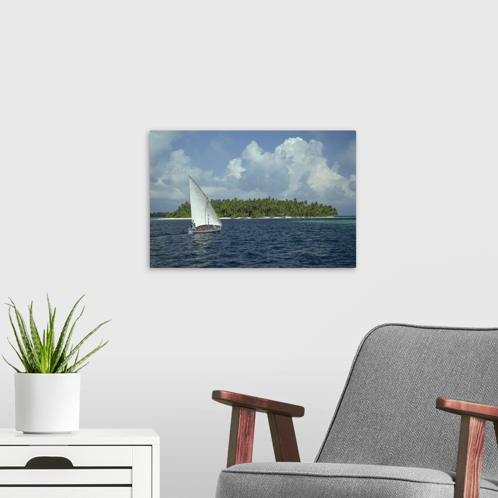 A modern room featuring Sailing boat off a tropical island in the Maldive Islands, Indian Ocean, Asia