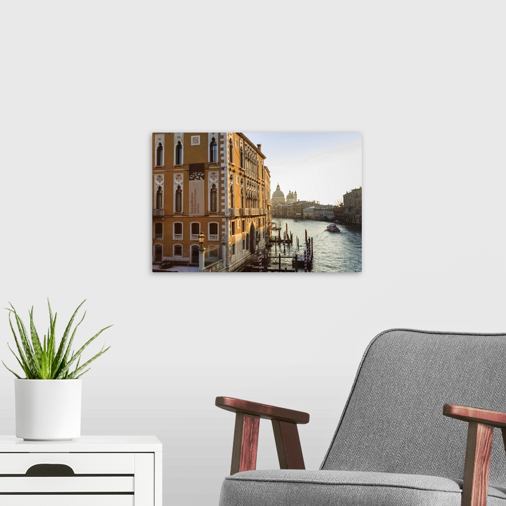 A modern room featuring Santa Maria Della Salute, Grand Canal from Accademia Bridge, sunrise after snow, Venice, UNESCO H...