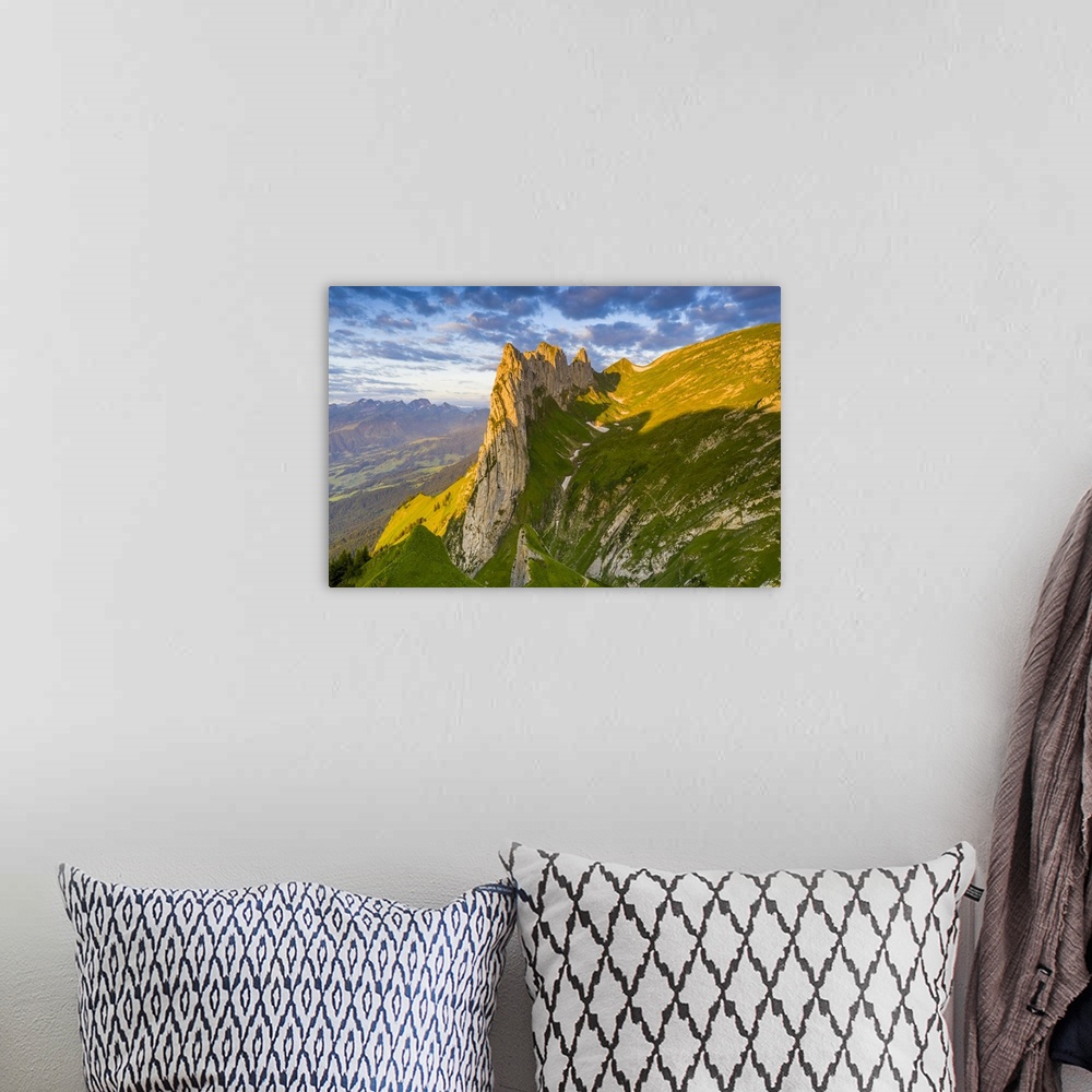 A bohemian room featuring Sunrise on rocky peak of Saxer Lucke mountain in summer, Appenzell Canton, Alpstein Range, Switze...