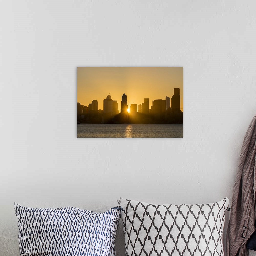 A bohemian room featuring Seattle skyline at sunrise, as seen from Alki Beach, Seattle, Washington State, United States of ...