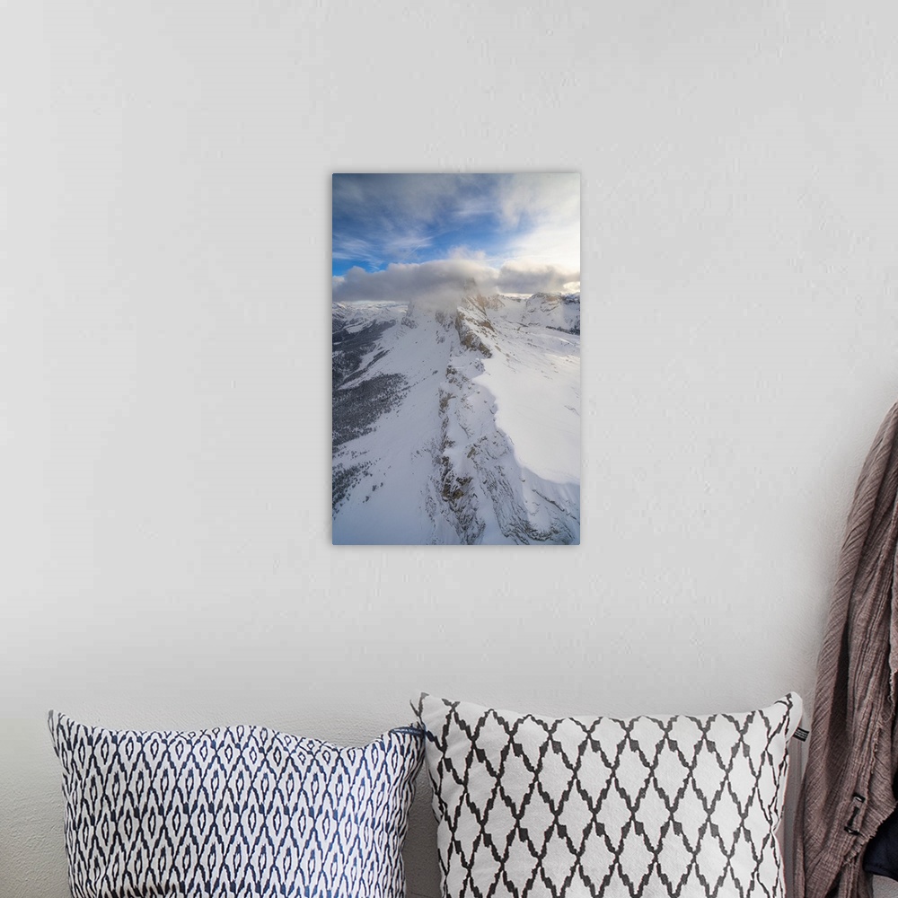 A bohemian room featuring Seceda and Odle mountain range in winter, aerial view, Val Gardena, Dolomites, Trentino-Alto Adig...