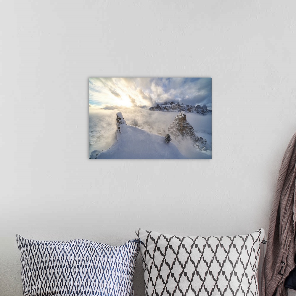 A bohemian room featuring Aerial view of Sella covered with snow from Cir group, Puez-Odle Nature Park, Gardena Pass, Dolom...