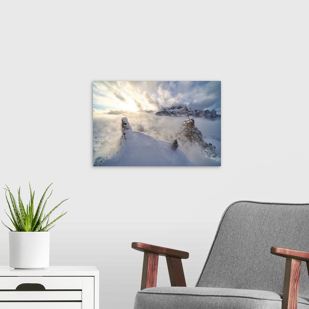 A modern room featuring Aerial view of Sella covered with snow from Cir group, Puez-Odle Nature Park, Gardena Pass, Dolom...
