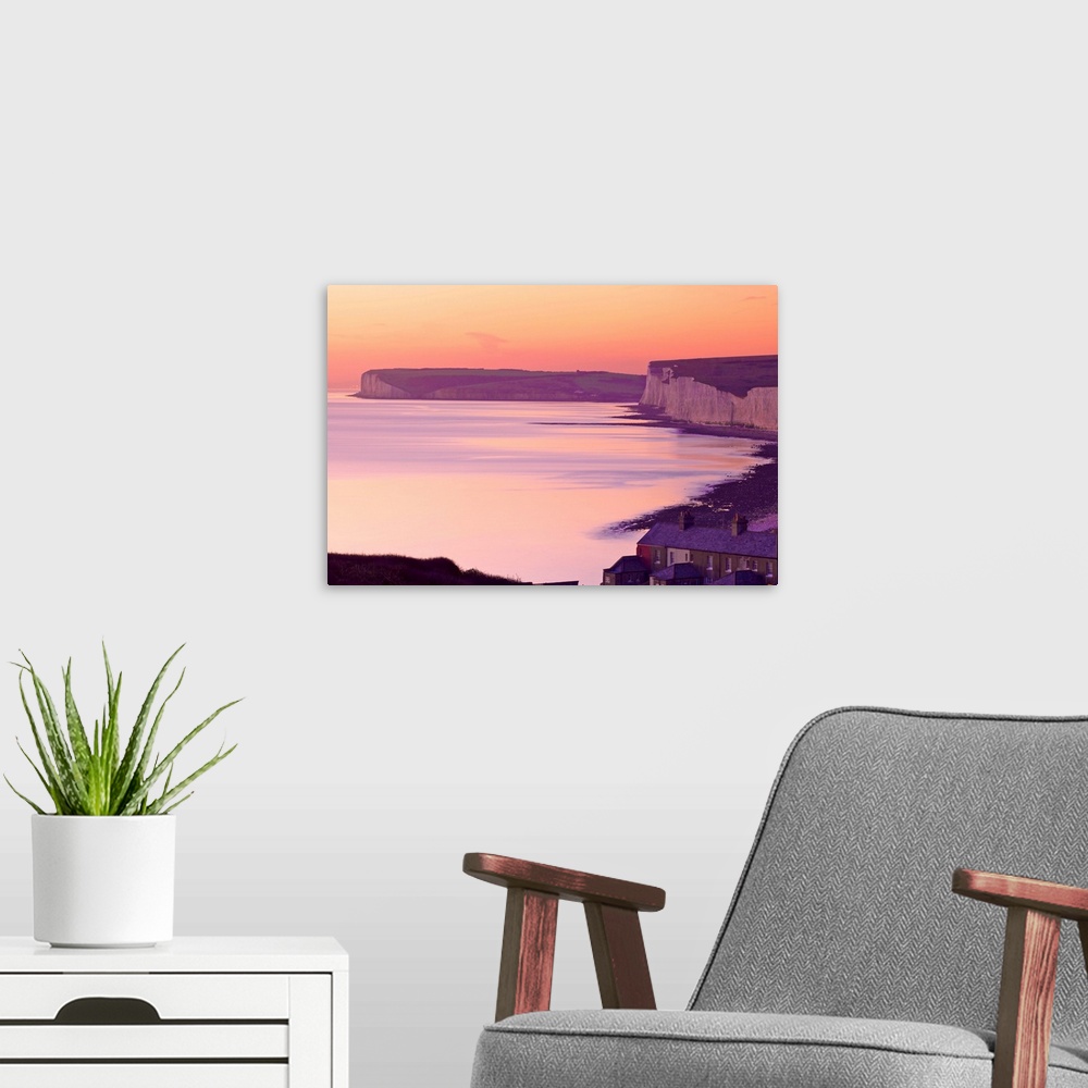 A modern room featuring Seven Sisters at sunset, South Downs National Park, East Sussex, England, UK