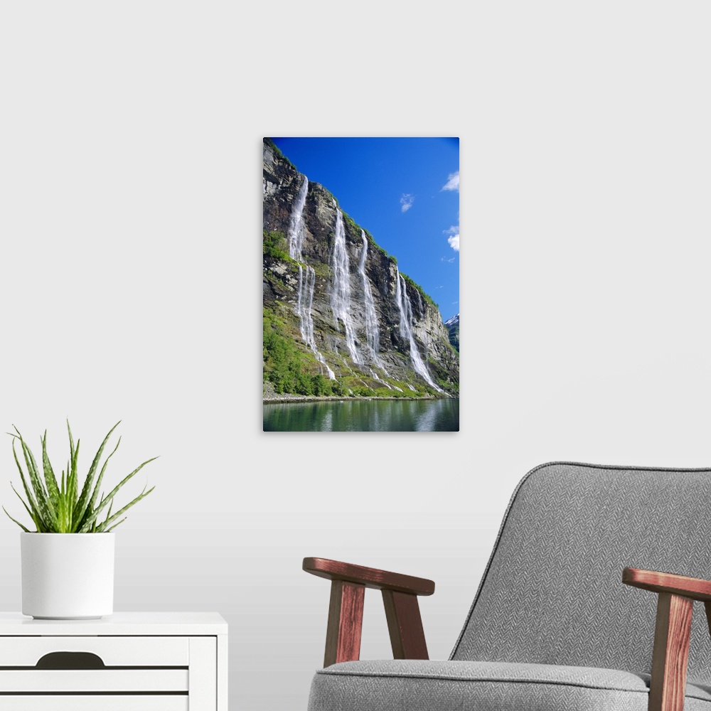 A modern room featuring Seven Sisters Falls as seen from ferry, Geiranger Fjord, Norway