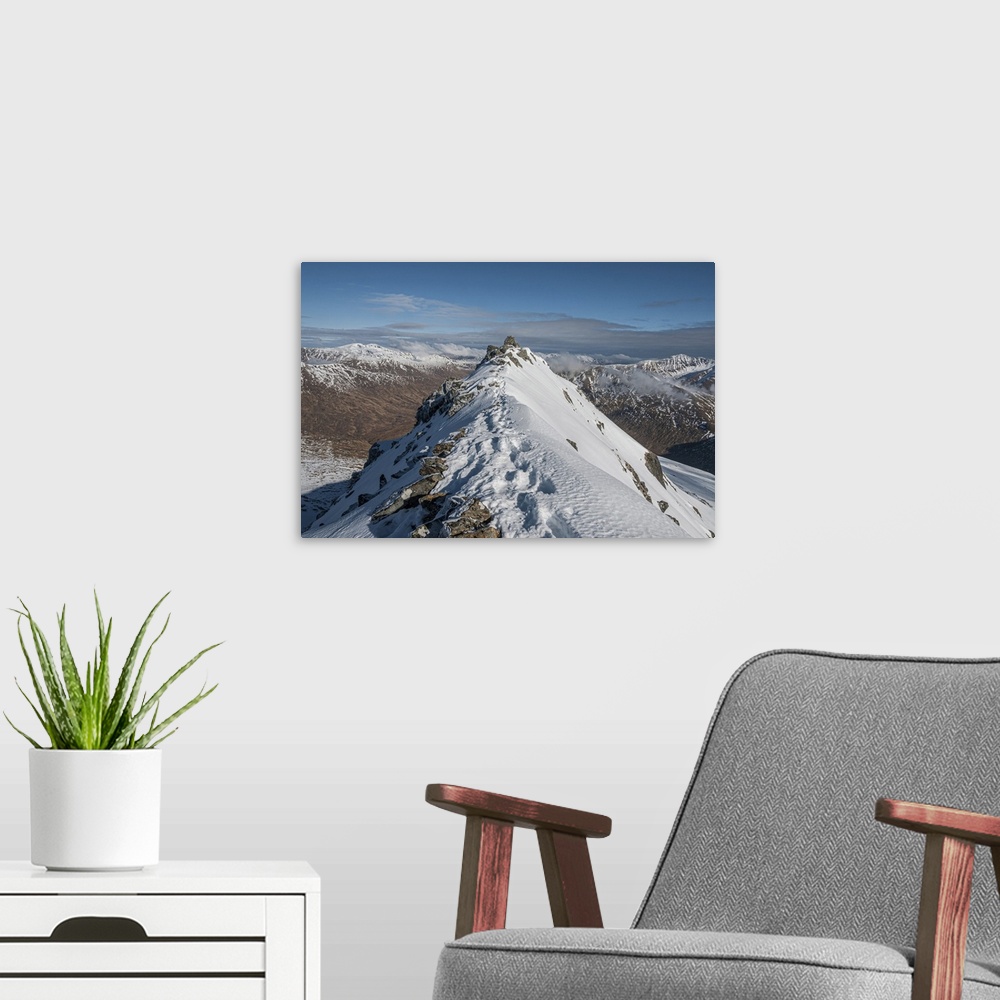 A modern room featuring Sgurr a'Bhealaich Dheirg, the highest and finest Munro on the Brothers Ridge, above Glen Shiel, H...