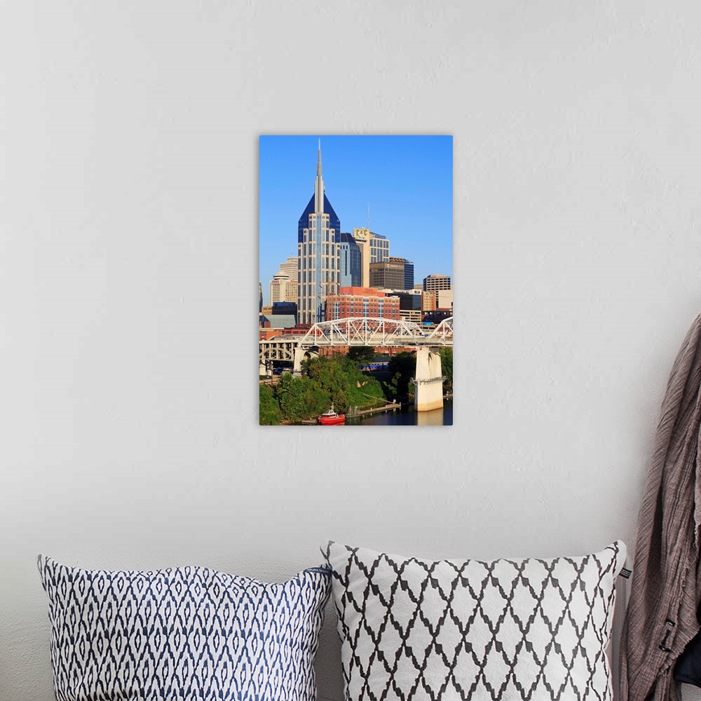 A bohemian room featuring Shelby Pedestrian Bridge and Nashville skyline, Tennessee, USA