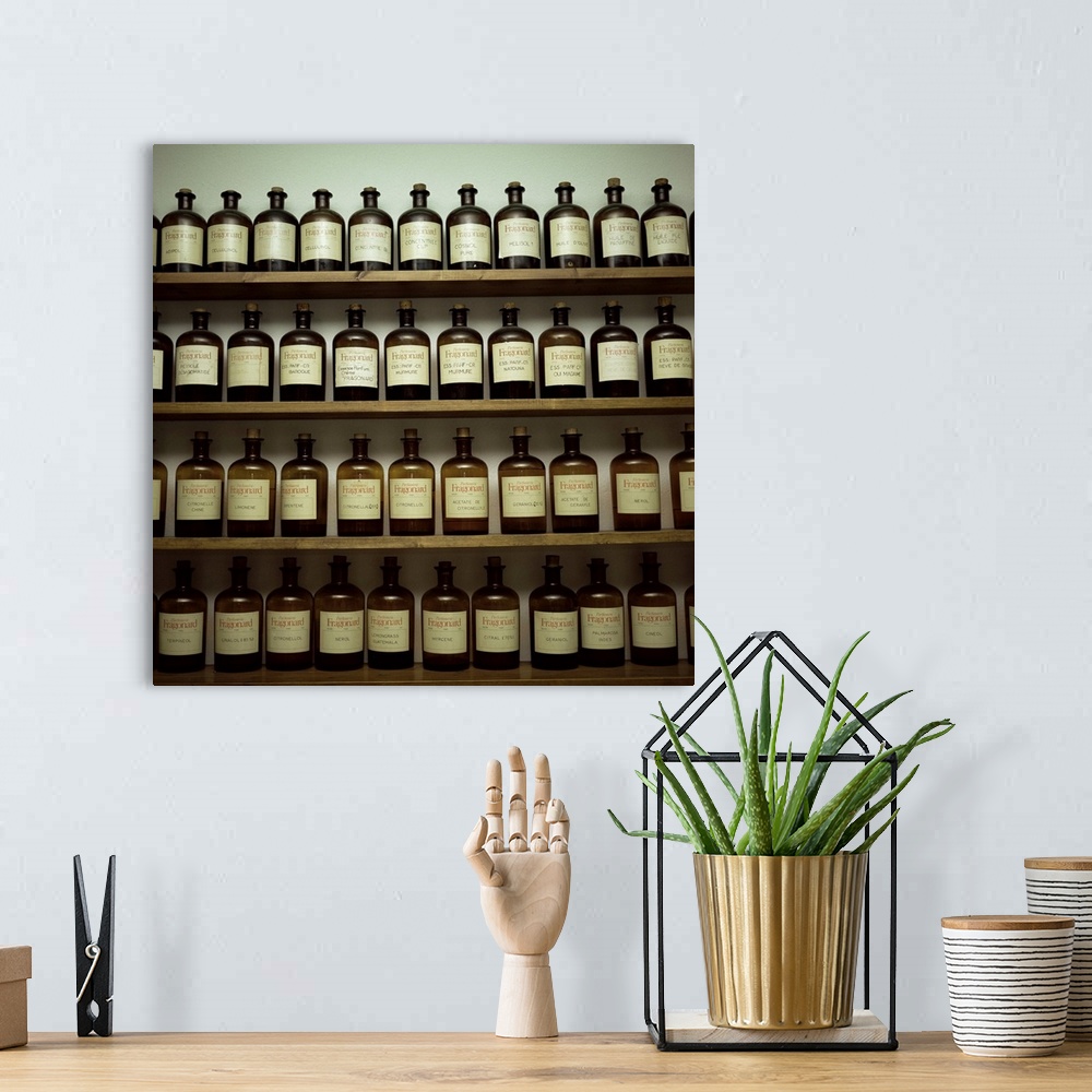 A bohemian room featuring Shelves of old essence bottles, Parfumerie Fragonard, Grasse, Provence, France