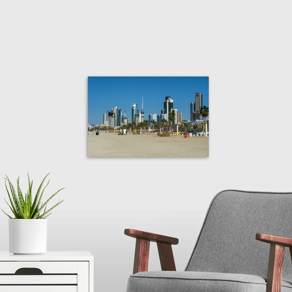 A modern room featuring Shuwaikh beach and skyline of Kuwait City, Kuwait