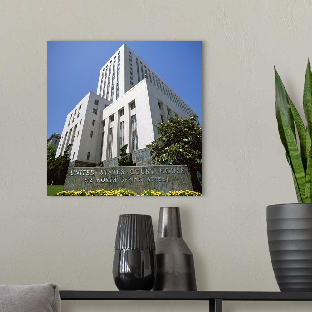 A modern room featuring Sign and building of the Court House on North Spring Street, Los Angeles, CA, USA