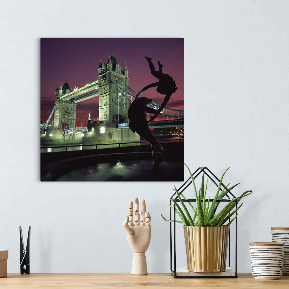 A bohemian room featuring Silhouetted fountain statue and Tower Bridge, London, England, UK