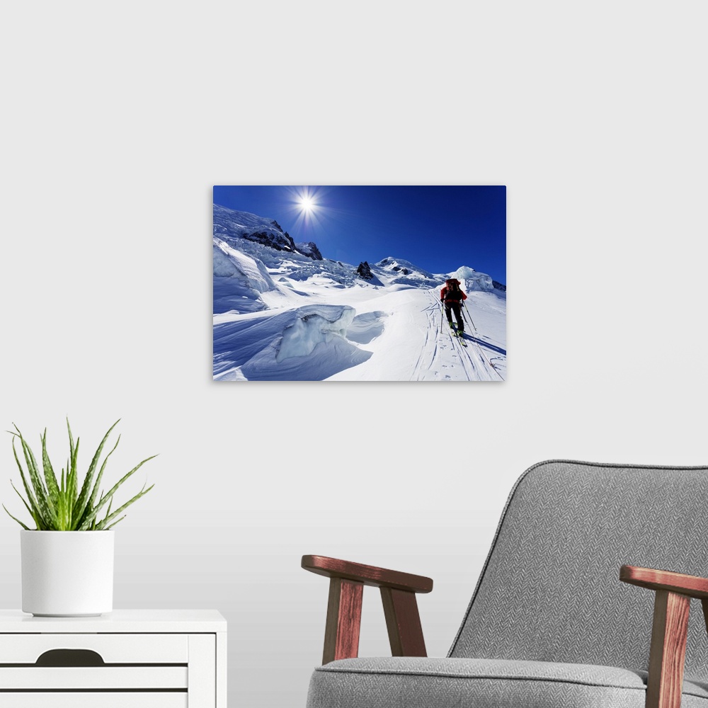 A modern room featuring Ski tourer on Mont Blanc, Chamonix, Rhone Alpes, Haute Savoie, French Alps, France, Europe