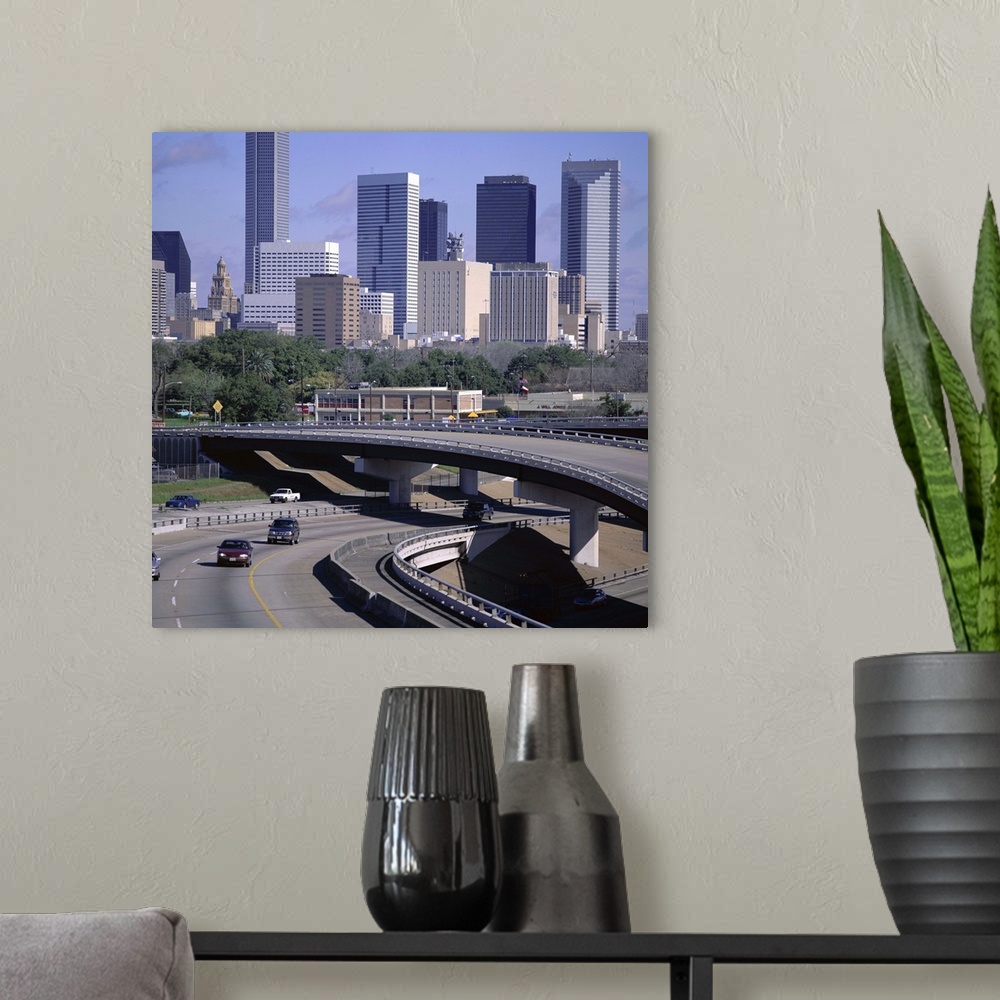 A modern room featuring Skyline of Houston, Texas, United States of America