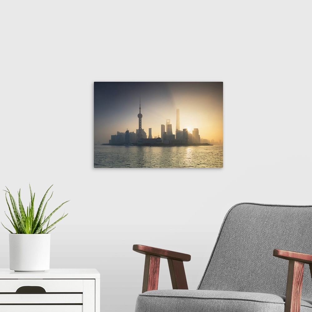 A modern room featuring Skyline of Pudong at sunrise, Shanghai, China, Asia