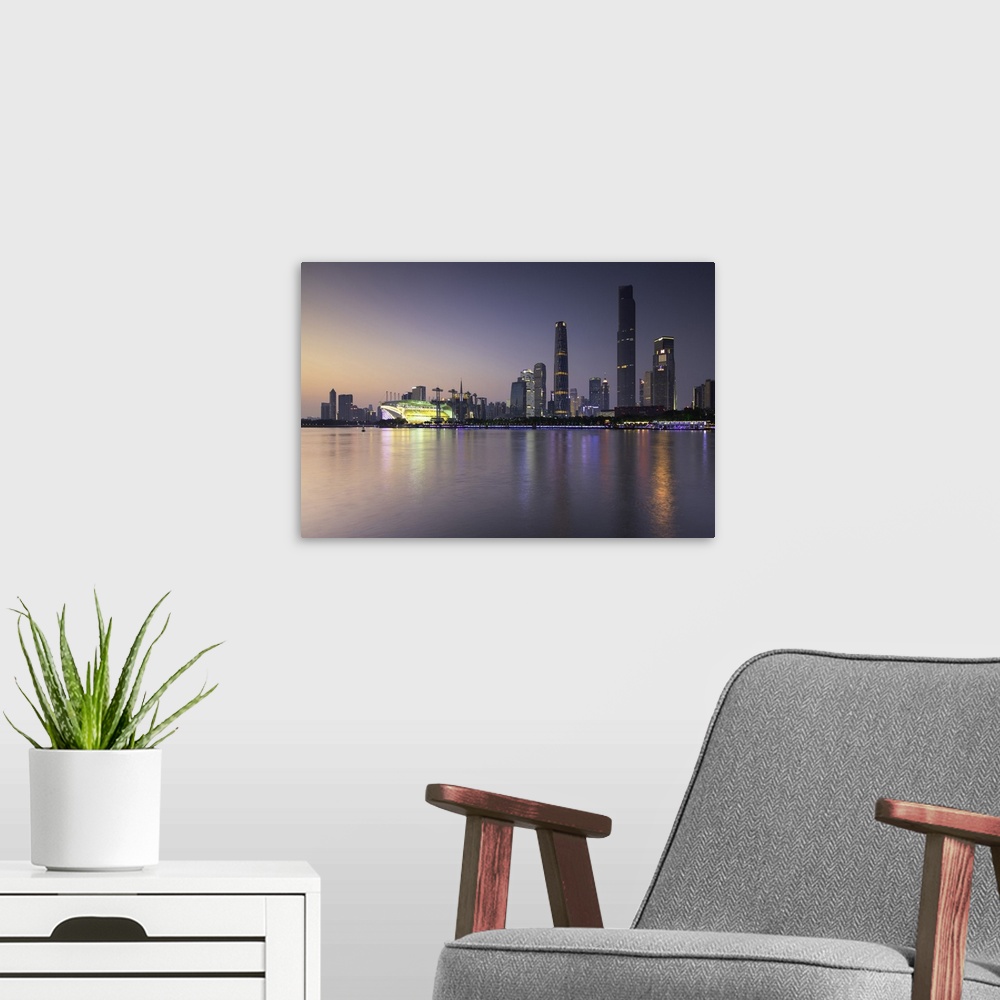 A modern room featuring Skyline of Tianhe at dusk, Guangzhou, Guangdong, China