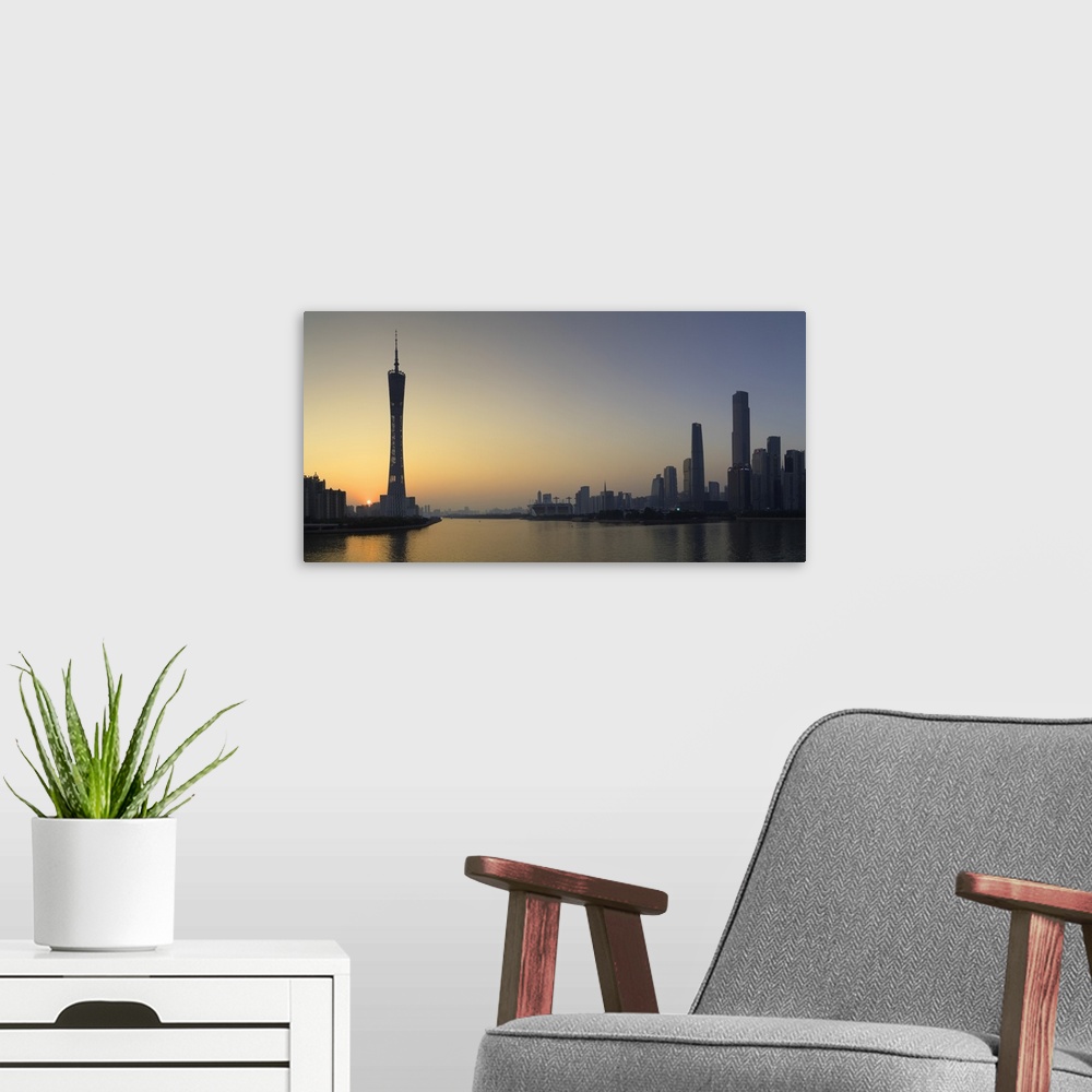 A modern room featuring Skyline of Tianhe at sunset, Guangzhou, Guangdong, China