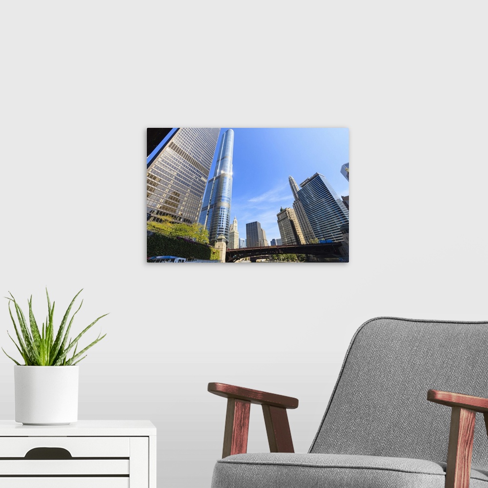 A modern room featuring Skyscrapers along the Chicago River, including Trump Tower, Chicago, Illinois
