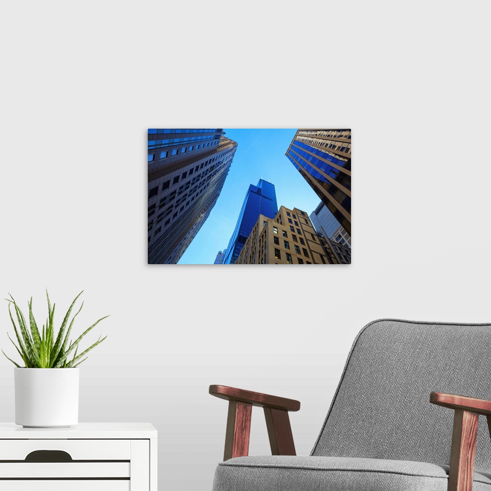 A modern room featuring Skyscrapers including Willis Tower, formerly Sears Tower, Chicago, Illinois, USA