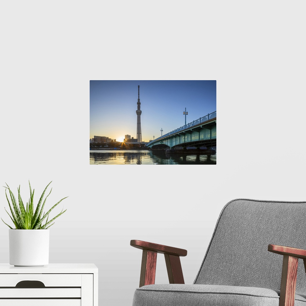 A modern room featuring Skytree and Sumida River at dawn, Tokyo, Honshu, Japan, Asia