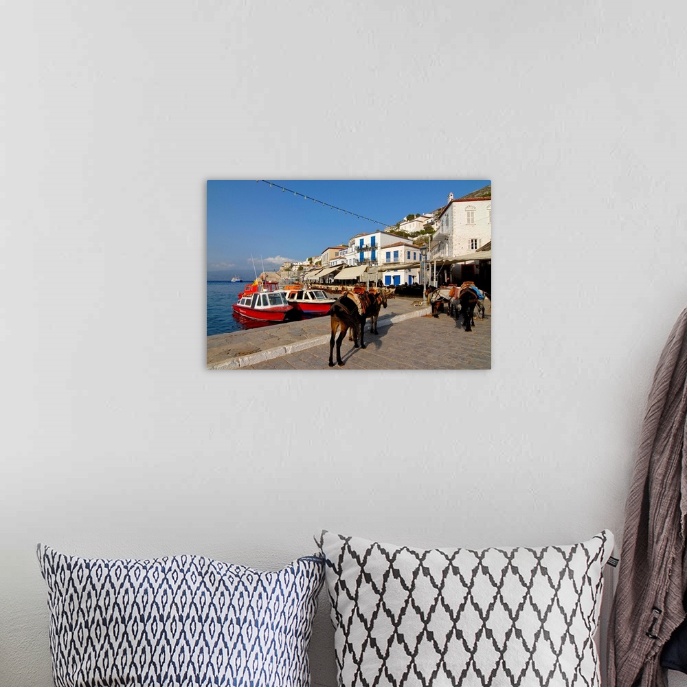 A bohemian room featuring Small boats in the harbour of the island of Hydra, Greek Islands, Greece