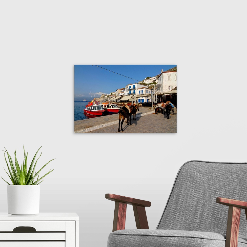 A modern room featuring Small boats in the harbour of the island of Hydra, Greek Islands, Greece